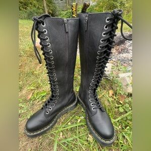 Dr. Martens Black Tall Lace-Up Boots with Yellow Stitching